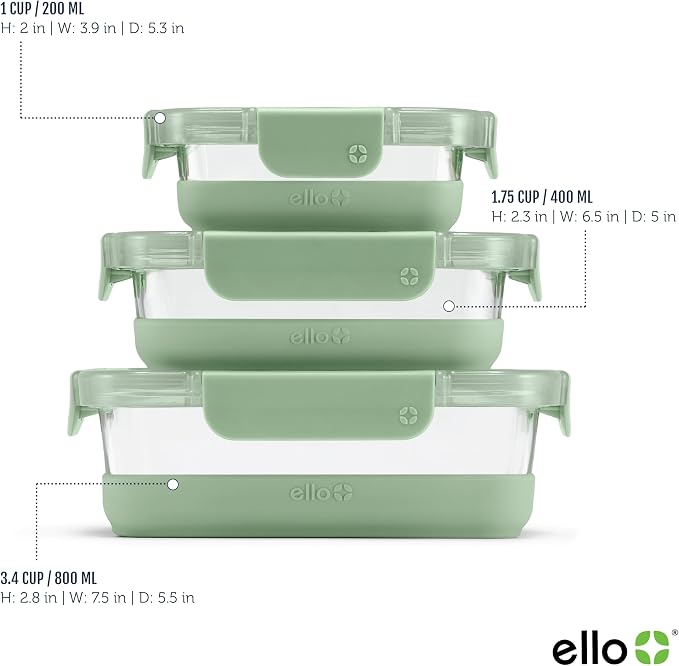 Ello Duraglass Refresh Mixed Meal Prep Set 6Pc, 3 Pack - Glass Food Storage Container with Silicone Boot and Airtight BPA-Free Plastic Lids, Dishwasher, Microwave and Freezer Safe, Cactus