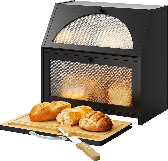 STDDRE Bamboo Bread Box with Cutting Board, Double Layer Extra Large Bread Storage Bin with Door Panel for Kitchen Counter (Black)
