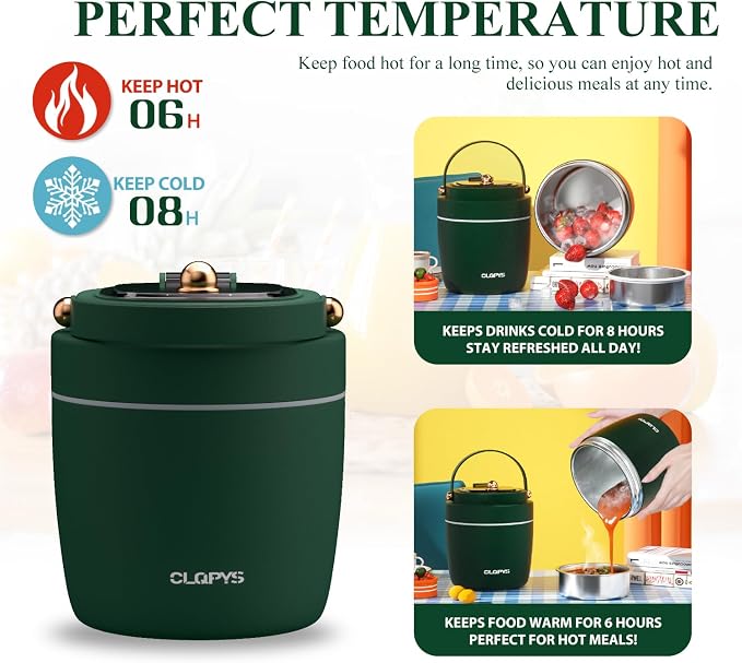 40oz Stainless Steel Vacuum Insulated Food Jar for Adults Wide Mouth Lunch Container with Spoon Fork and Carrying Bag Leak-Proof Soup Thermo Bento Box for Hot Food and Cold Food | Office, Travel Green