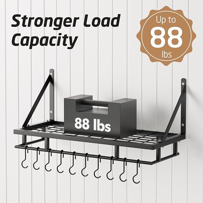 KES 24 Inch Kitchen Pot Pan Rack Wall Mounted, 10 Hooks, Matte Black | 88lbs Load Capacity, Heavy Duty, Cast Iron Pots and Pans Organizer, Hanging Storage, Wall Shelf, Space Saving, KUR215S60-BK