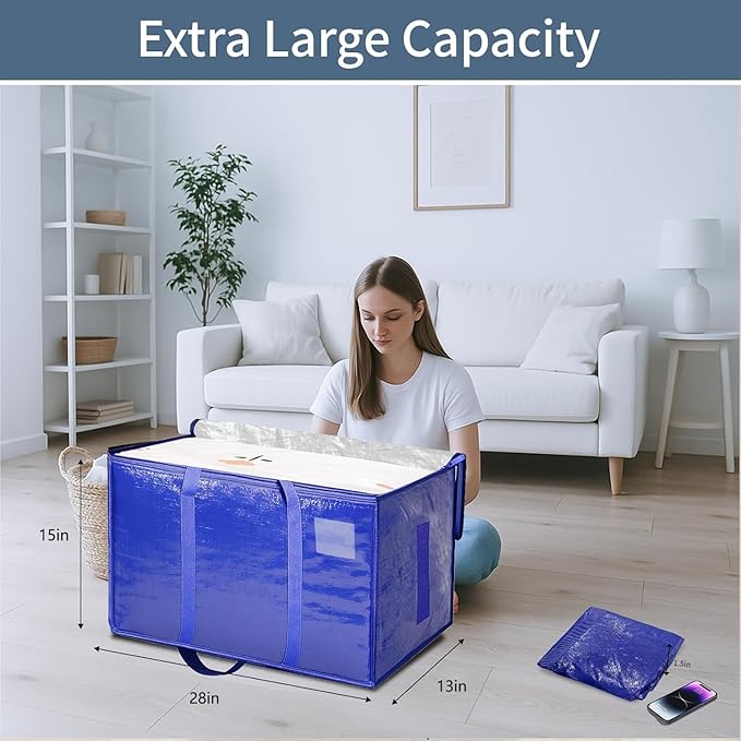 12 Pack-Extra Large Heavy Duty Moving Bags - Waterproof Storage Totes with Handles & Zippers, Foldable for College Dorm, Storage (Blue)