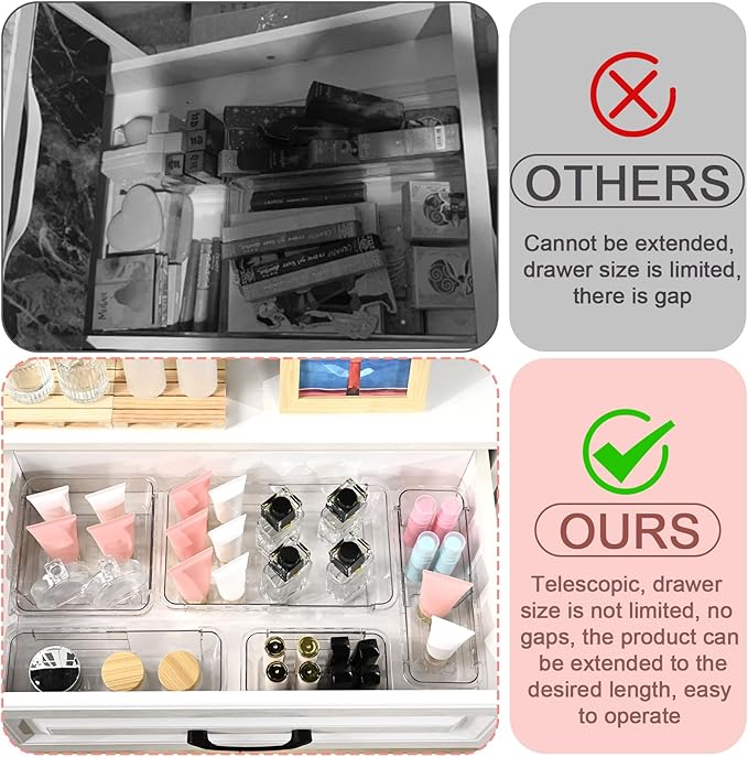 8 Pcs Medium Extendable Clear Drawer Organizer, All Adjustable Vanity Storage Box, 2-Size Desk Drawer Organizer, Acrylic Storage Bins for Makeup, Cosmetic, Bedroom Dressers Tool Organizer for Gadgets