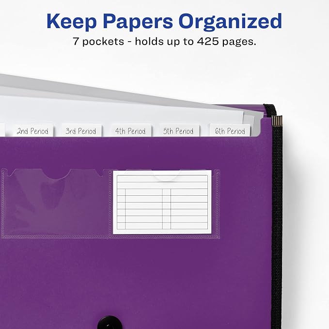 Avery Expanding File Folder Organizer, 7-Pocket Accordion File Organizer, Plum, Holds 425 Letter/A4-Size Sheets (73552)