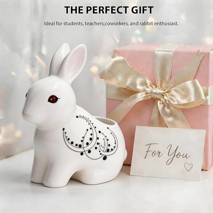 Ceramic Rabbit Shaped Pen Pencil Holder for Desk Decoration Accessories Rabbit Decor Makeup Brush Pen Cups Office School Ideal Gifts for Women, Mom or Birthdays