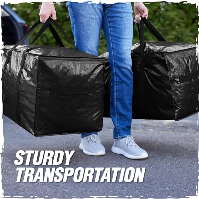 RUGGED RHINO 4 Pack Heavy Duty Extra Large Moving Bags, Durable Bag with Strong Handles and Zipper, Moving Boxes Alternative for College Packing, Holiday Décor, Space Saving Storage with Label, Black