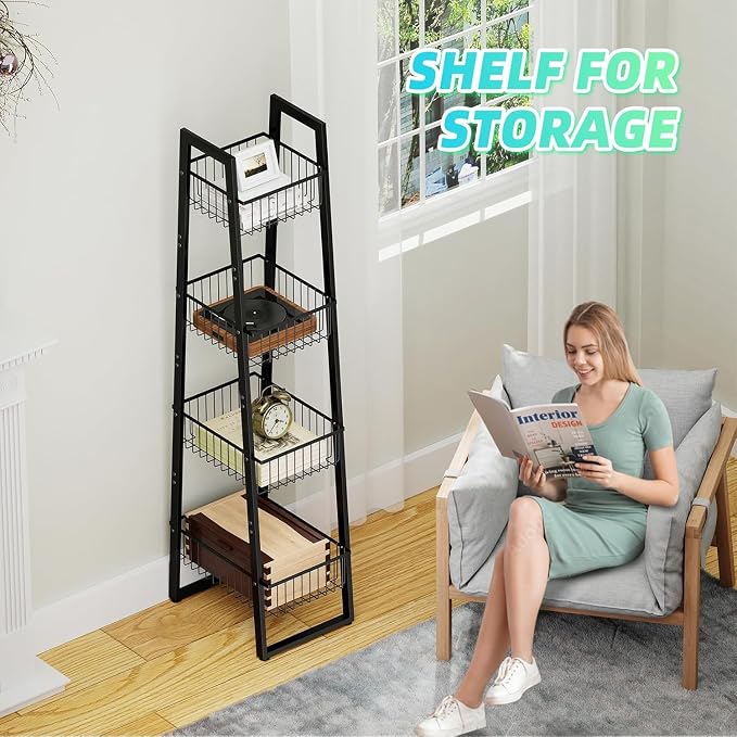 Simple Trending 4 Tier Wire Market Basket Standw, Fruit Basket Storage Stand for Vegetables, Bread, Onions, Potatoes, Black