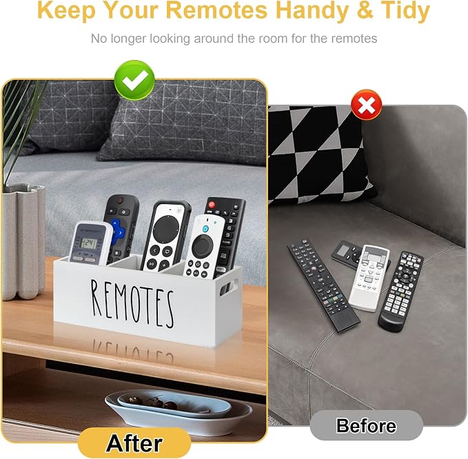 Remote Control Holder for Table, Wooden TV Remote Holder, Remote Storage Box Organizer, Remote Caddy for Bedside, Couch- White (3 Compartments)