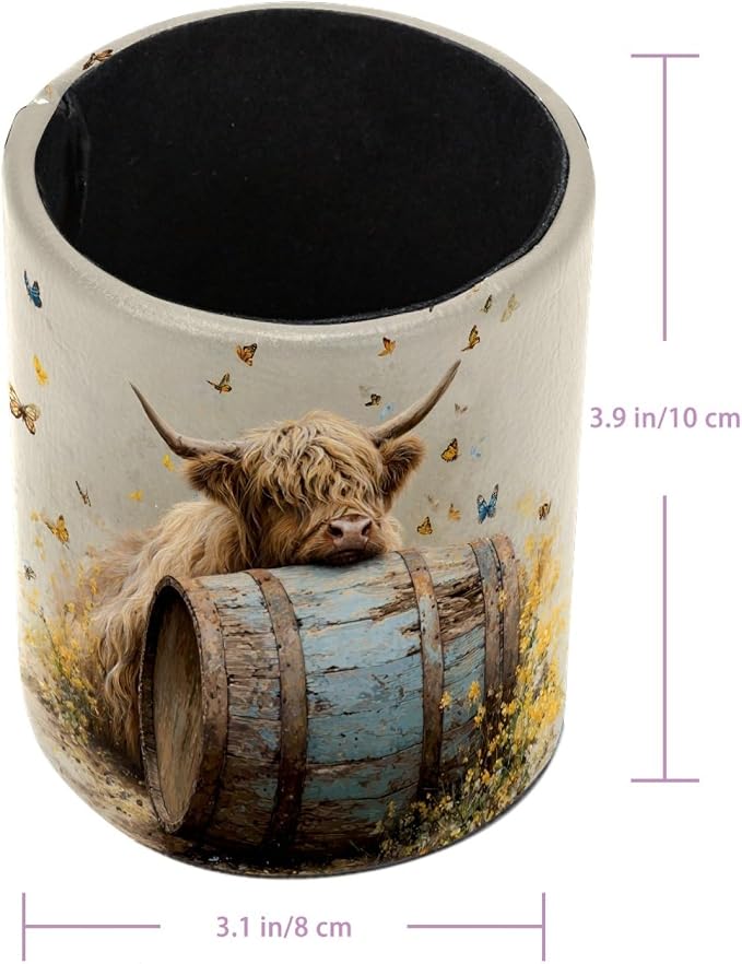 Faux Leather Pen Holder for Desk, Pencil Organizer Highland Cow Pen Cup Desk Decor Makeup Brush Holder Storage for Office Home