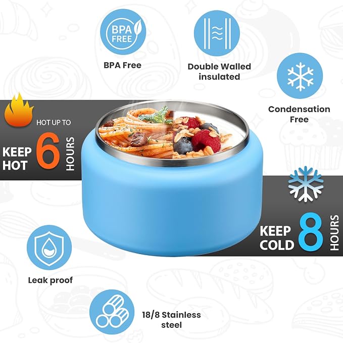 Itslife 13.5oz Vacuum Insulated Soup Thermo for Hot Food, Kids Lunch Container with Leakproof Buckle Lid, Wide Mouth Stainless Steel Food Jar with Spoon