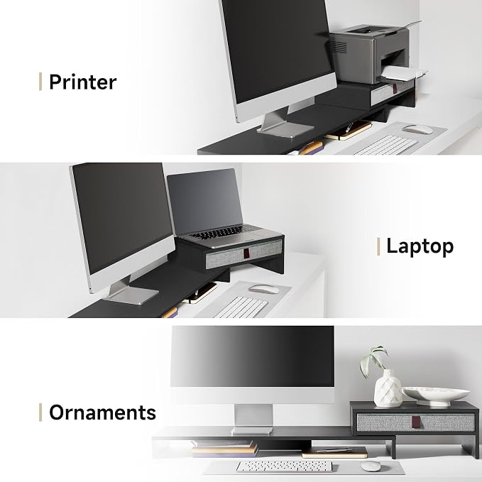 Fenge Triple Monitor Stand with Srorage Drawer, Adjustable Length and Angle | Computer Monitor Riser for 2 or 3 Monitors, Wooden Desktop Laptop Stand, Office Organizer for PC, Screen, Tablet, Black