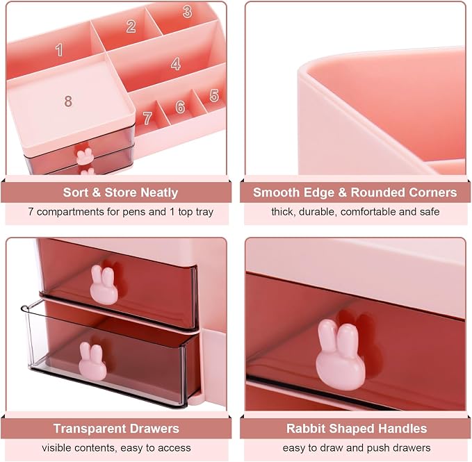 Meiikun Desk Organizer, Makeup Organizer with 2 Drawers, 7 Compartment & a Top Tray, Desktop Organizers and Storage for Women, Cute Home organization Bathroom, 11" x 5.7" x 4.7" (Pink)