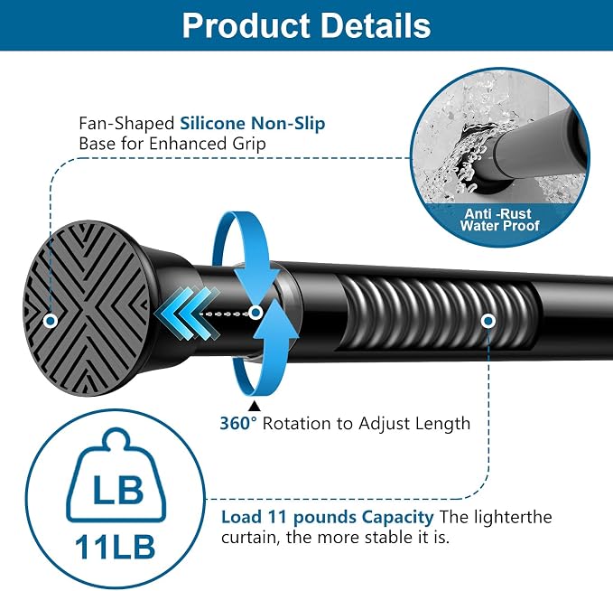 2Pcs Tension Curtain Rod,31-62 Inches Black Shower Rod | No Drilling Installation,11 lbs Max Load,7/8inch Spring Rod Diameter, Adjustable for Doorway, Closet, Kitchen,Bathroom