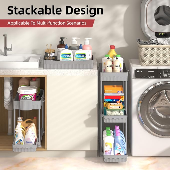 Sevenblue 4-Pack 2-Tier Under Sink Organizer with Pull Out Drawers | Multi-use kitchen & bathroom storage. Includes hanging hooks and cups. Gray, space-saving cabinet design. 12.8 Inch