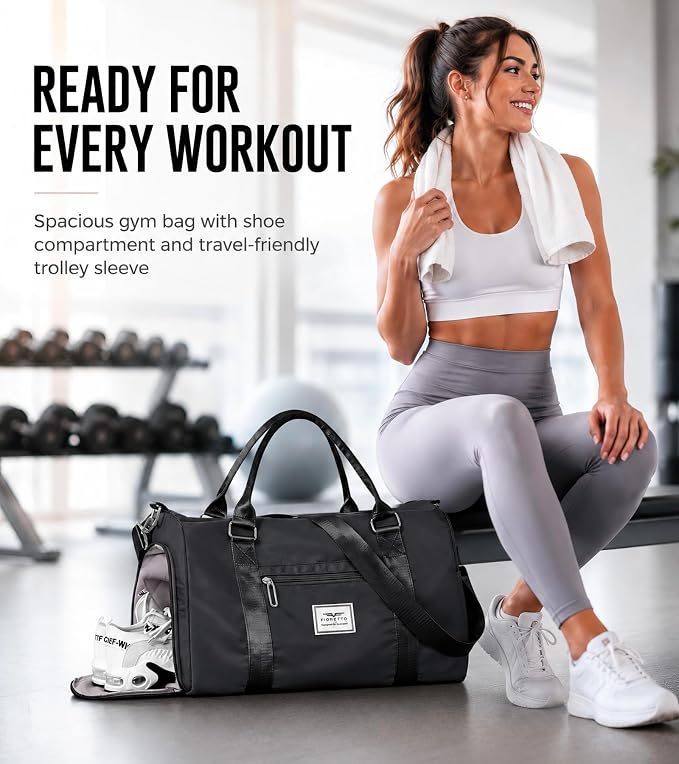 FIORETTO Womens Gym Tote Duffle Bag with Wet Pocket & Shoe Compartment, Sports Duffel Overnight Weekender Hospital Workout Carry on Bag for Girls, Ideal for Travel, Swimming, Dance, Ballet Black