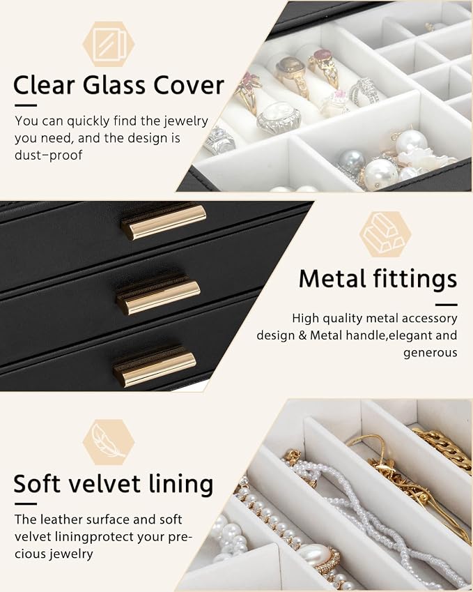 AKOZLIN Jewelry Box with Clear Lid Functional Leather Jewelry Storage Organizer Case 4 Drawers for Women Girls Necklace Ring Bracelet Earring