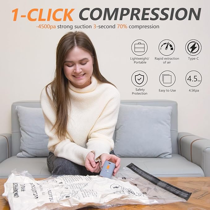 Fast-Charging Wireless Pump and 16 Pack Vacuum Compression Storage Bags,Multi-Size Combo 70% Space Saving for Clothing, Bedding & Seasonal Storage & Space Saver for Luggage