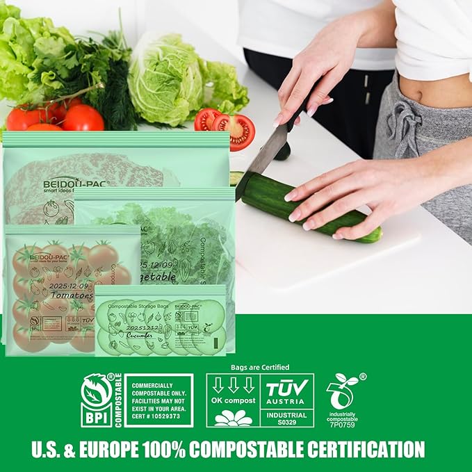 BEIDOU-PAC Compostable Combo Storage Zip Bags, 290 Count Resealable Variety Pack with Organizer, Reclosable Biodegradable Eco-Friendly Compost Snack, Sandwich, Quart, Gallon Assorted Size Bags