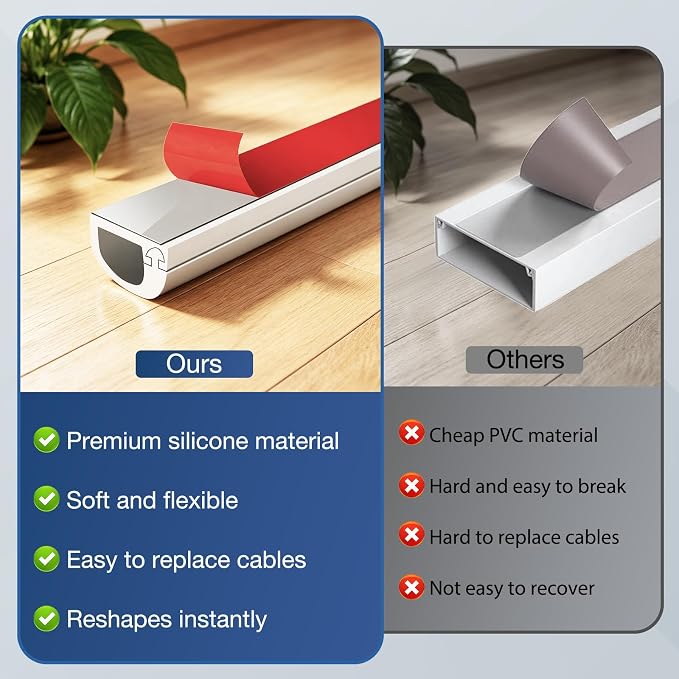 Silicone Cord Covers Wall Self-Adhesive Cord Covers for Wires on Wall Wire Hider Flexible Cable Hider with Side-Opening for Home Office TV Cable Management (0.59" W x 0.39" H x 118" L, White)