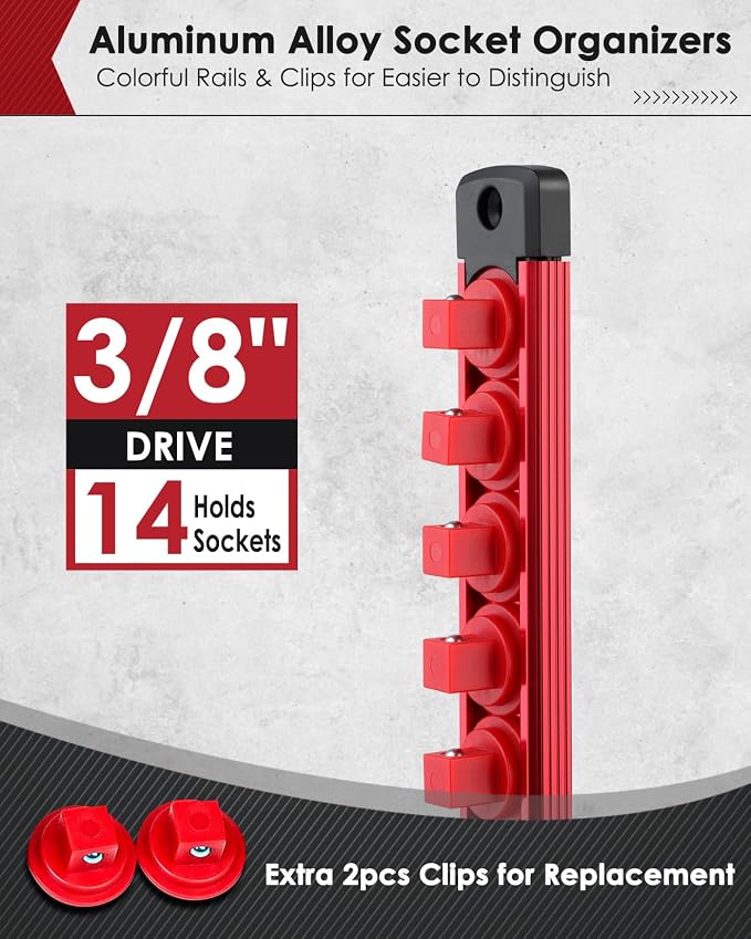PINOZE 3/8" Magnetic Socket Holder Organizer - Aluminum Alloy Socket Rail Tray for Tool Box Drawer, Socket Rack with Extra 2Pcs Replacement Clips for Automotive Garage(Red)