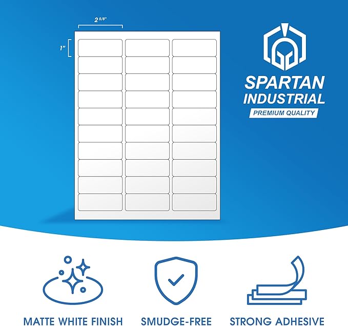 1" X 2 5/8" Matte White Printable Address Labels (500 Sheets, 15000 Stickers) Mailing and Return Address Labels for Laser & Inkjet Printers - Spartan Industrial Template R007