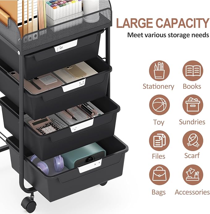 SYKIARIOL 4-Drawer Rolling Storage Cart with Mesh Top, Utility Craft Organizer Cart on Wheels with DIY Labels, Rolling Drawer Cart for Home Office Classroom Bedroom, Black