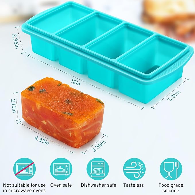 Silicone Freezer Tray with Lid, 1-Cup, 2-Pack, Aqua | BPA-free, leakproof lid, easy-release, stackable, dishwasher-safe. Great for soups, sauces, leftovers, meal prep, baby food.