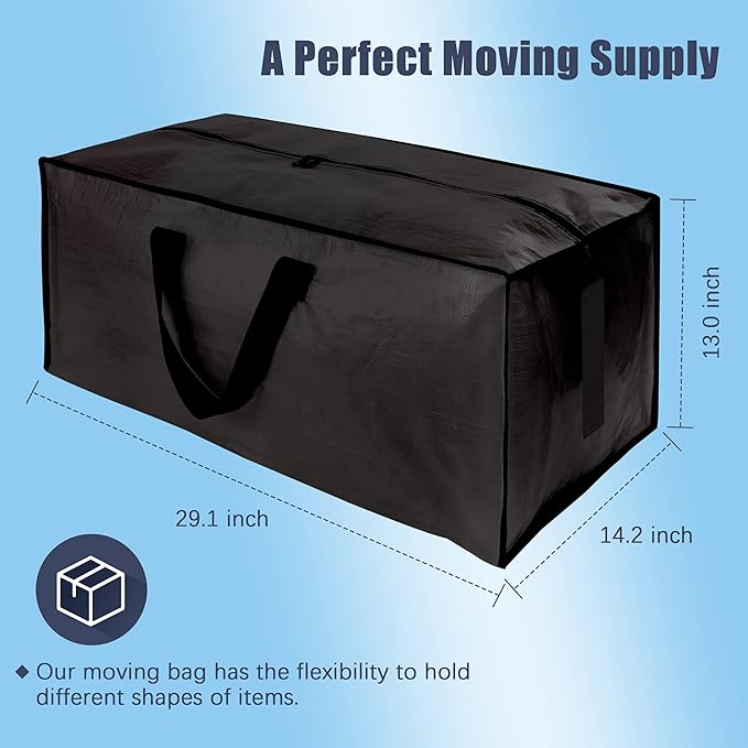 HOMESURE 4 Pack Large Strong Moving Bags with Zippers & Carrying Handles - Water-Resistant - Heavy Duty Storage Tote for Space Saving Moving Storage, Fold Flat, Alternative to Moving Box (Black)