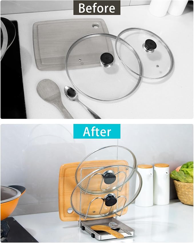 YQh Pot Lid Holder, Two-Compartment Stainless Steel Cooking Rack, Spoon Rest with Lid Holder, Spatula Holder for Counter, Stove Top Shelf Spoon and Lid Rest, Pot Lid Organizer