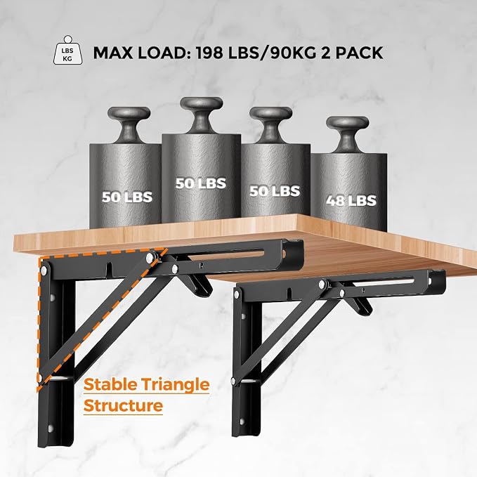 Ravinte Matte Black Folding Shelf Brackets, 14 Inch, 4 Pack | Collapsible Bracket Design, Table And Bench Support, Space-Saving Shelf Setup, For Worktops, Laundry Rooms, Garage Projects