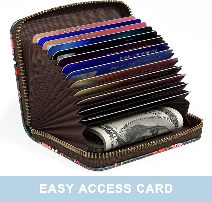 Aiawoxc Credit Card Holder, Small RFID Wallet Slim Leather Card Organizer Case with Zipper and Wristlet Strap, Cute Flowers