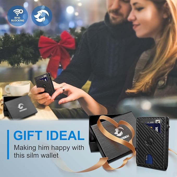 Wallet for Men, Slim Pop Up Card Holder with RFID Blocking, Minimalist Bifold Wallet with 9 Card Slots, ID Window and Cash Pocket, Metal Flip Case with Magnetic Closure, Gift Box
