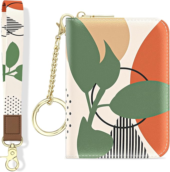 Aiawoxc Credit Card Holder, Small RFID Wallet Slim Leather Card Organizer Case with Zipper and Wristlet Strap, Tropical Plants