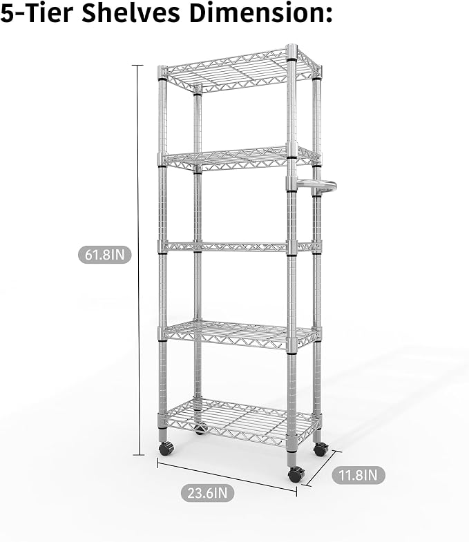 Garvee 5-Tier Storage Shelves Heavy Duty Metal Wire Rack Shelving, 1100 LBS Capacity Rolling Storage Rack with Wheels, for Living Room Pantry Kitchen Bedroom Organization