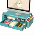 ECOLOVI Desk Organizer and Accessories, 2-Tier Computer Monitor Stand Rise with Storage Drawer & 2 Pen Holders, Laptop & Printer Stand for Desktop, Workspace Organizers for Office Supplies (Blue)