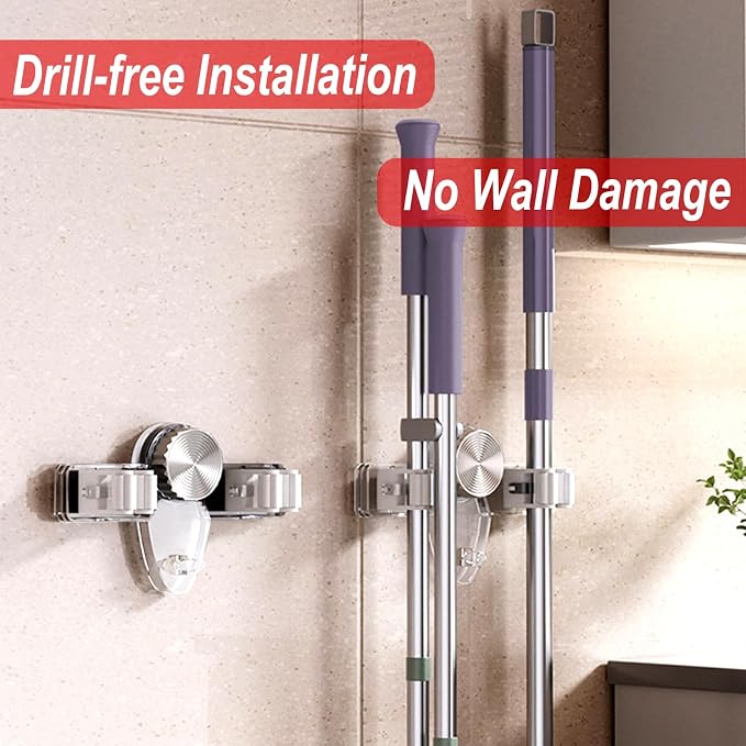 4 Pack Broom Holder Mop Hanger, No Drill Suction Cup Adjustable Organizer with Hooks Broom Hanger Organizer for Bathroom Kitchen Office Utility Room Laundry Home Garden Garage Storage Organizatin Rack