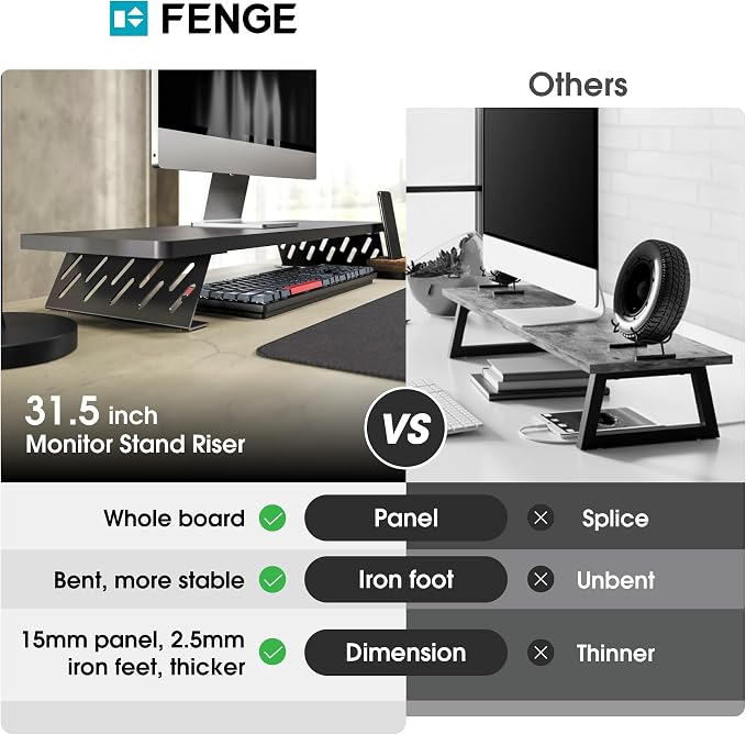 Fenge Monitor Stand Riser, 31.5 Inch Desk Top Shelf for 2 Monitors, Computer Stands for Desk, Wood & Steel Desktop Riser for Laptop, PC, Printer