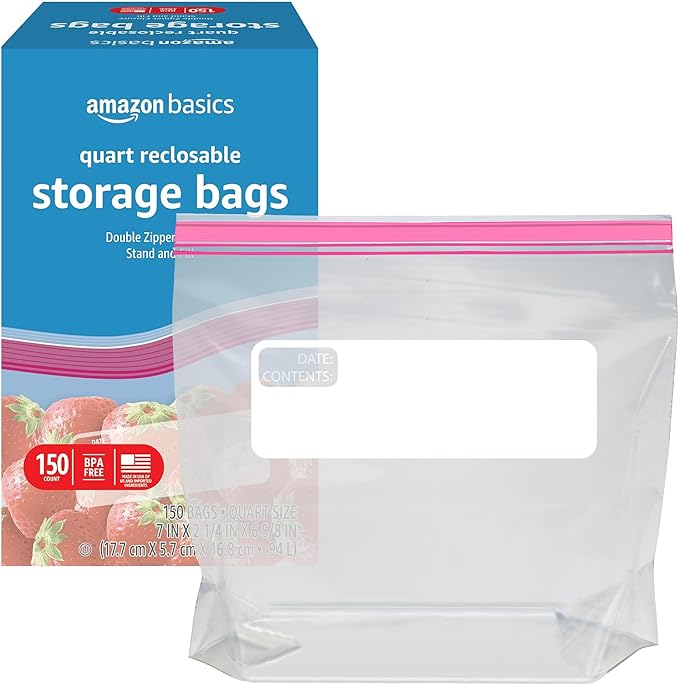 Amazon Basics Reclosable Quart Food Storage Bags, BPA Free, 150 Count (Pack of 2)