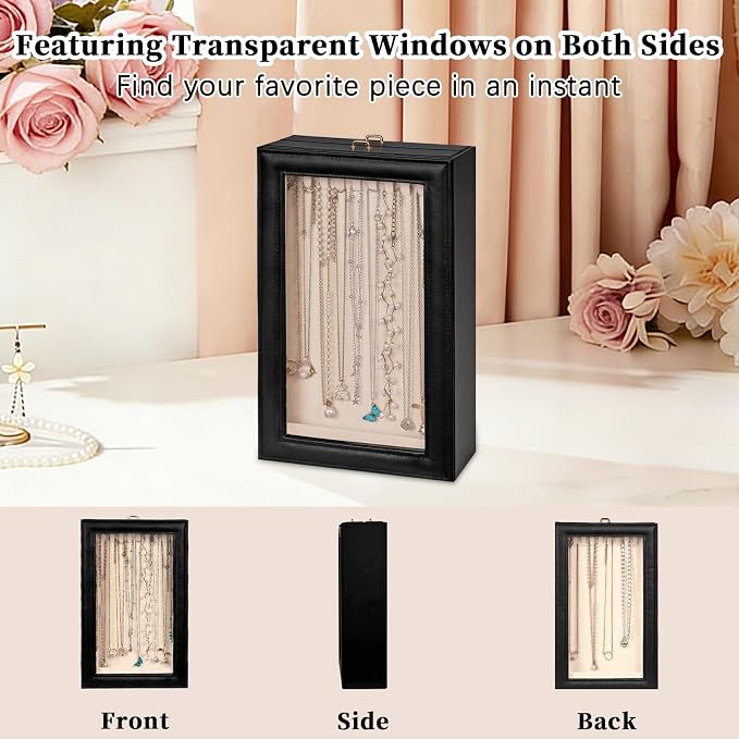 2-Layer Necklace Organizer Box with Double-Sided Clear Lid, Black | Jewelry Storage Case, Anti-Tangle Necklaces Display Holder for Pendants Bracelets, Jewelry Organizer for Women Girls