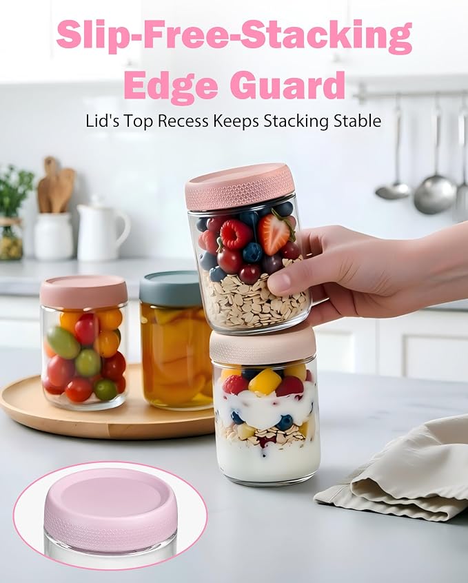 16 oz 6Pack Overnight Oats Containers with Lids, Airtight Leakproof Wide Mouth Glass Mason Jars, Reusable & Portable for Meal Prep, Yogurt, Salads, Smoothies, Spice, Sugar, Snacks & Food Storage-clear