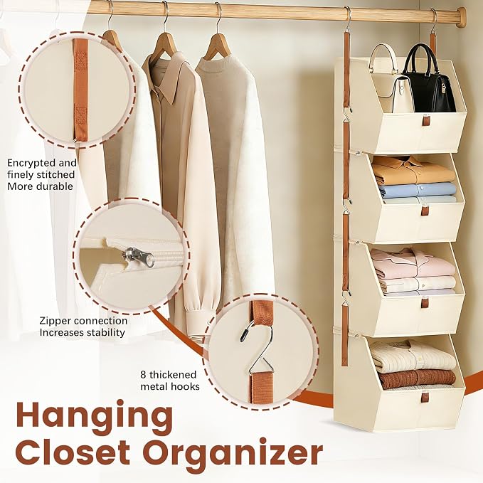 4 Tier Hanging Closet Organizer,Stackable Hanging Clothes Shelves,Space-Saving Closet System with Metal Hook,Fabric Collapsible Storage Baskets for Rv,Home,Homestay,Dorm(Beige)