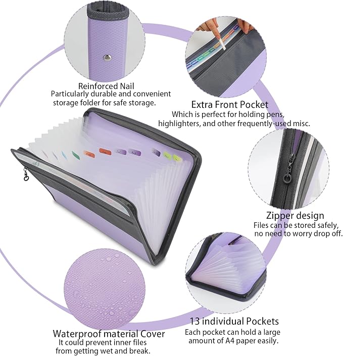 NAFY Accordian File Organizer, 13 Pockets Expanding File Folder with Zipper, A4 Letter Size Portable Accordion Expanding File Folders with Multicolor Labels for Office School Supplies (Black+Purple)