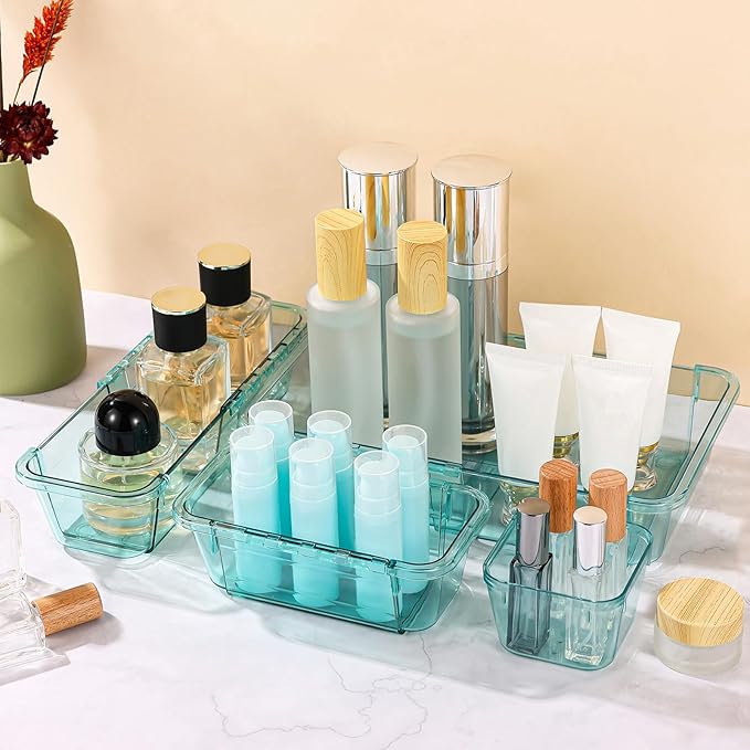14 Pcs Clear Drawer Organizer, Adjustable Drawer Storage Box, 3-Size Desk Drawer Organizer, Acrylic Storage Bins for Makeup, Kitchen Utensils, Bedroom Dressers Tool Organizer for Gadgets, Blue
