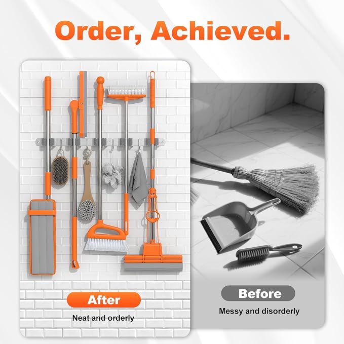 Broom Holder Wall Mount Mop Organizer, 5 Racks 4 Hooks | Premium Stainless Steel Broom Hanger for Durable Rustproof Tool Rack Storage in Home, Kitchen, Garden, Laundry, Garage