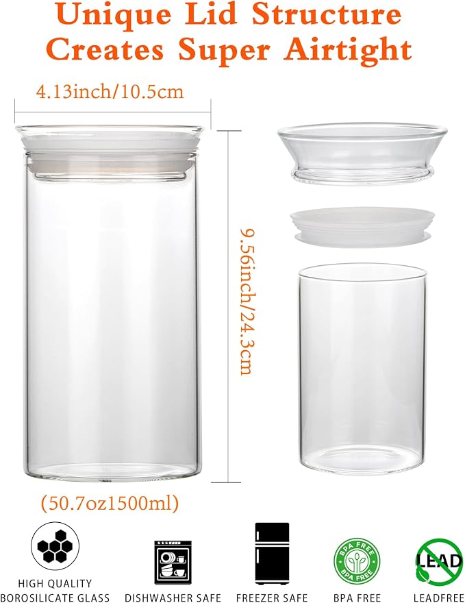 ZENS Modern Glass Food Storage Jars Set of 2, 50oz Clear Glass Canisters with Airtight Lids, Large Container for Kitchen Pantry Pasta, Sugar, Flour, Coffee, Pasta, Tea