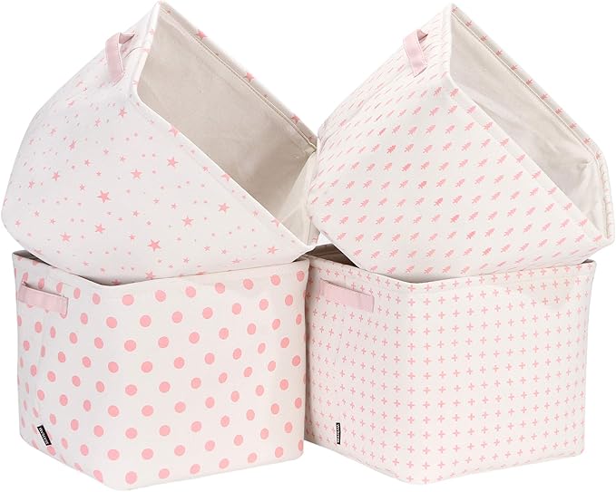 Sea Team Collapsible Canvas Fabric Storage Basket with Handles, Square Storage Box, Cube, Foldable Shelf Basket, Closet, Desk Organizer for Nursery, Home, Office (Pink, Set of 4)