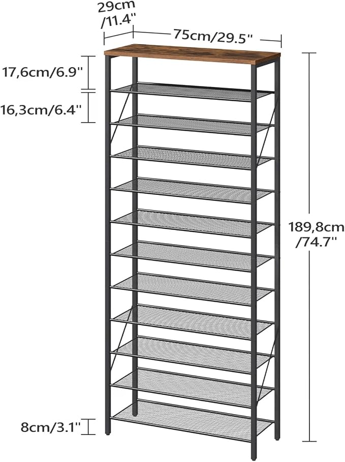 MAHANCRIS 12 Tier Shoe Rack, Shoe Storage Organizer, Holds 44-48 Pairs | Tall Metal Shoe Rack Space Saving, Sturdy and Stable, Vertical Shoe Rack for Entryway, Hallway, Dorm Room, Rustic Brown