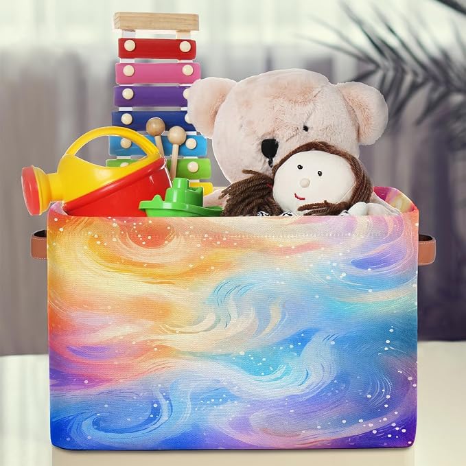 Rectangular Storage Bins Abstract Rainbow Glitter Collapsible Fabric Storage Basket Organizer with Handles for Nursery Bedroom Bathroom