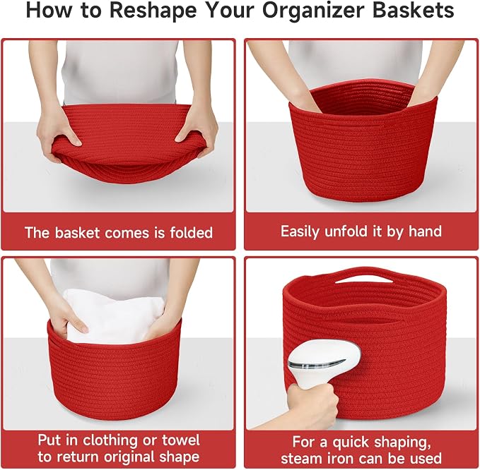 Small Rope Baskets for Storage, Baskets for Gifts Empty, Cute Round Woven Basket, Decorative Shelf Baskets 9.82×9.82×7.1", Cotton Toy Basket Storage Bins for Organizer 3 Packs-Red