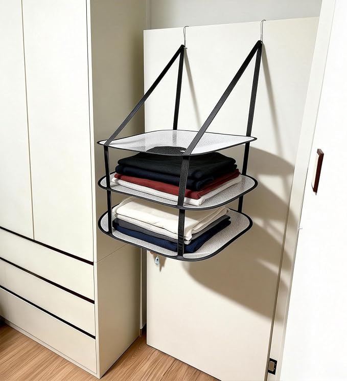 3 Tier Sweater Drying Rack, Over The Door Foldable Lay Flat Dryer with Mesh Panels, Space Saving Hanging Organizer for Sweaters, Blankets, Laundry in Apartments, Dorms, Bathrooms - 2 Pack Black