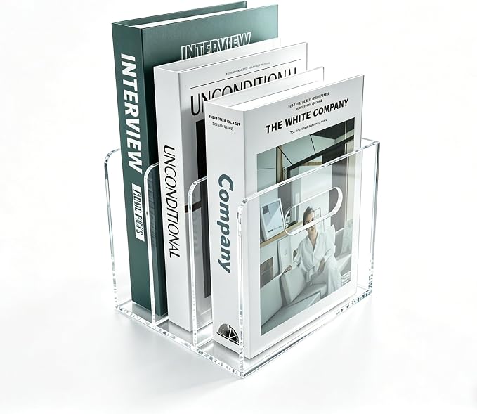 Desk File Organizer Magazine Holder 3 Vertical Acrylic Book Stand | Office Organization for Binders, Notebooks, Documents, Mail, Home Desk Decor Supplies, Classroom Storage Rack